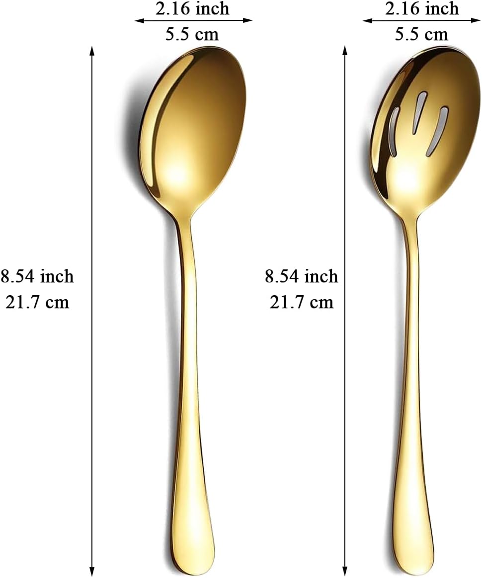 Gold Serving Spoons 8 Pieces, ReaNea Stainless Steel Serving Utensils Set inclunde 4 Serving Spoon 4 Serving Slotted Spoons, Dishwasher Safe